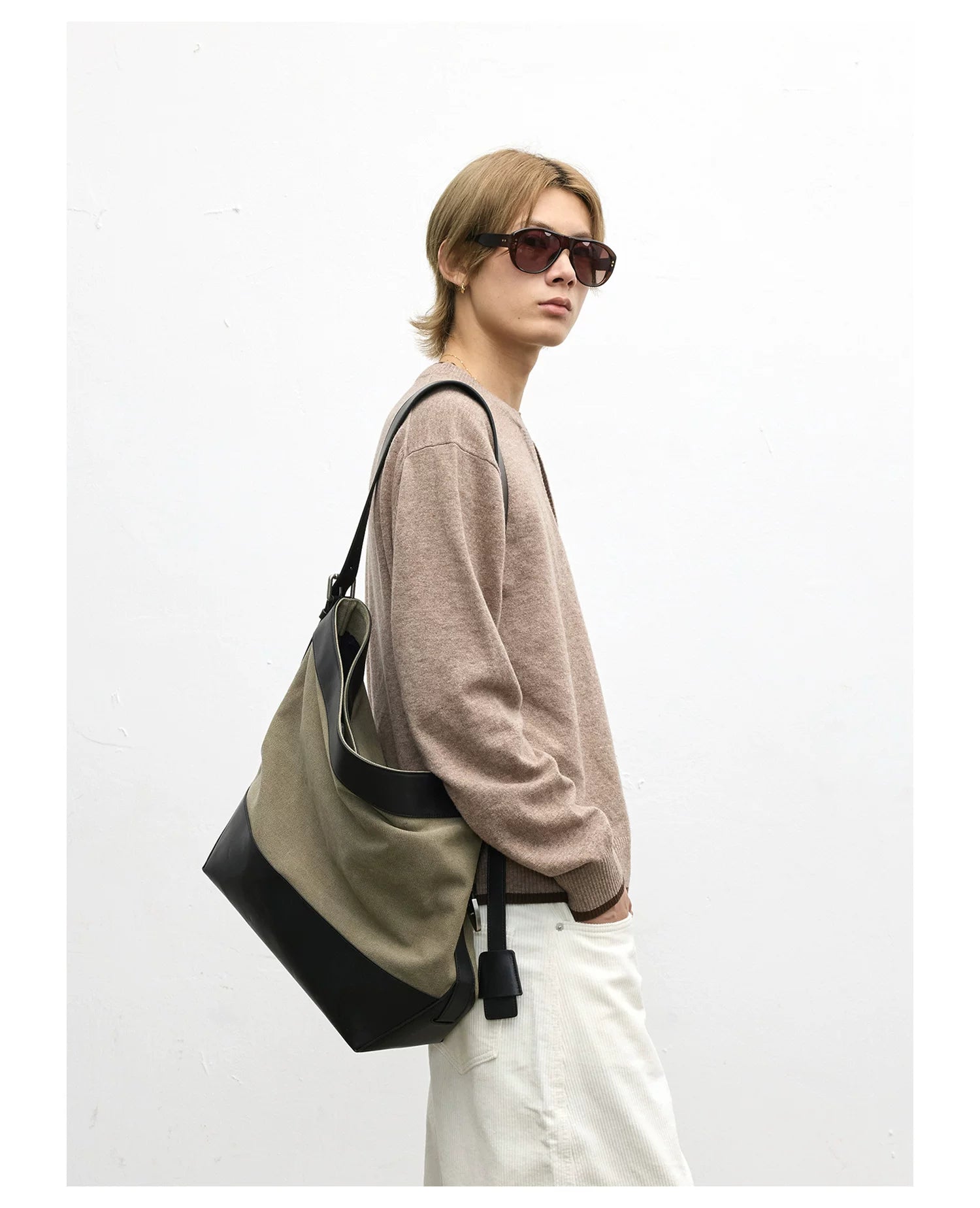 TERRAINCOGNITA Leather Stitching Large Capacity Canvas Tote Bag