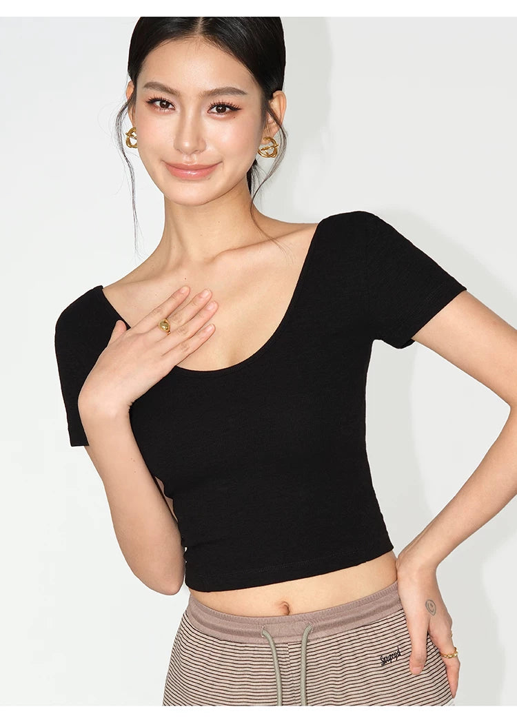 NEVA HU Square Collar Slim-fitting Versatile Short Button Tee