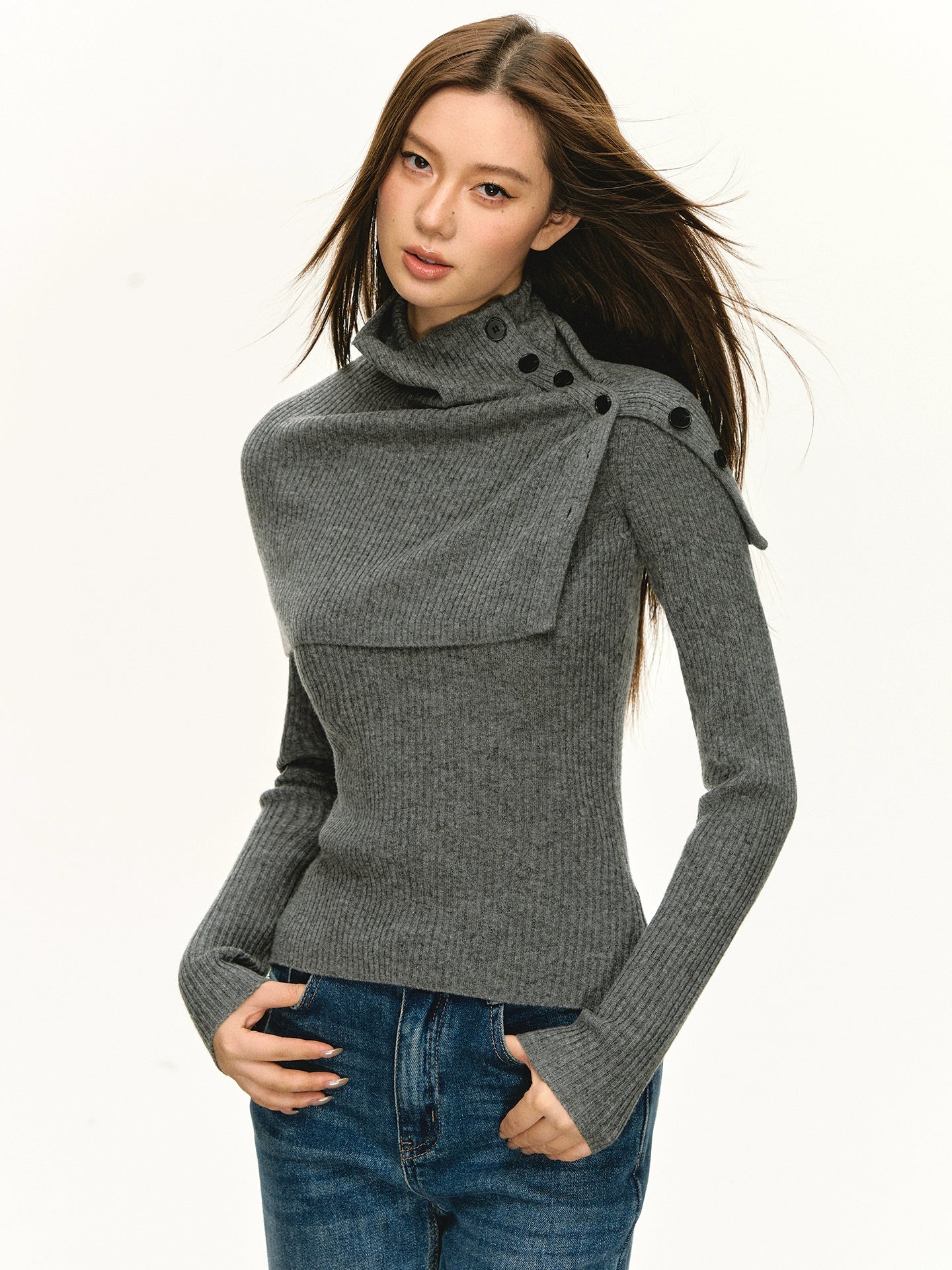 Anna Aneae Pullover High Neck Removable Shawl Bottom Long Sleeve