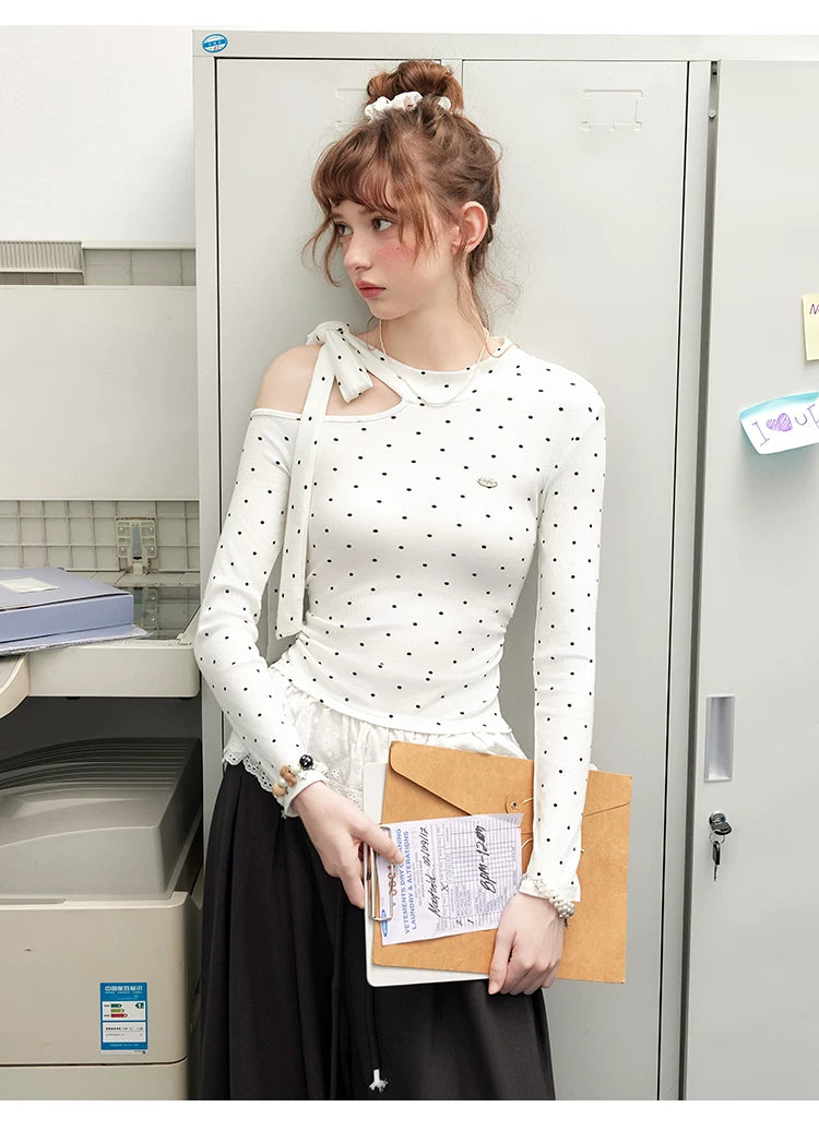 UNIFREE Polka Dot Off Shoulder Waist Strap Lace Splicing Long Sleeve