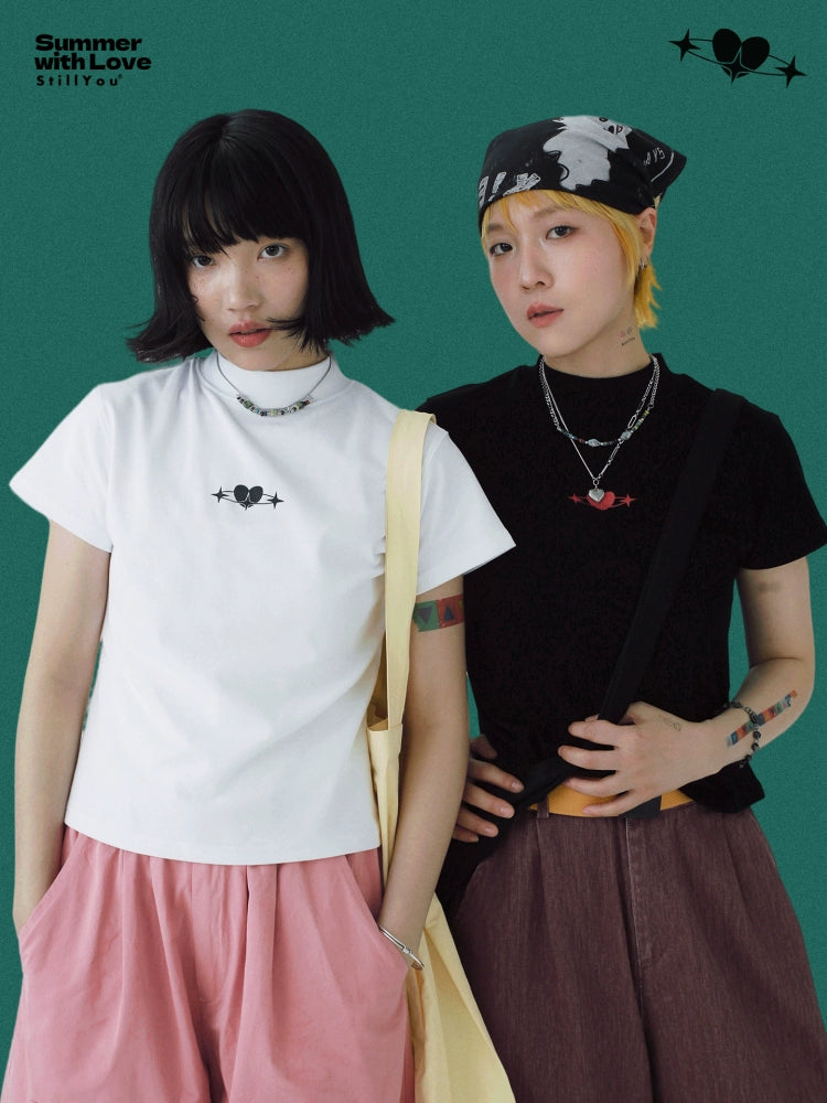 STILLYOU Retro Versatile Love Print Half Turtleneck Tee