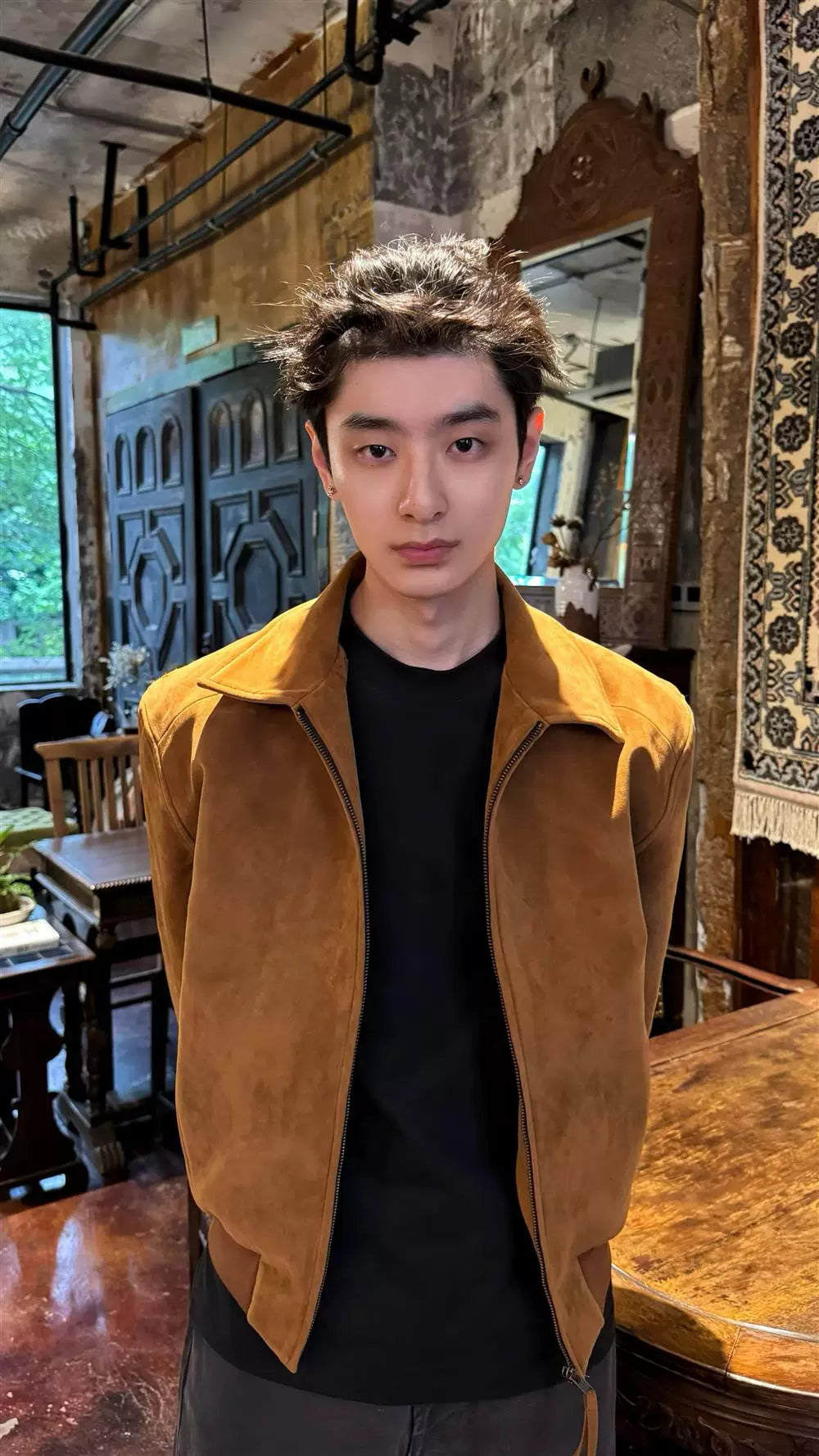 AMBSOM Velvet Suede Lapel Stand-Up Shoulder Jacket