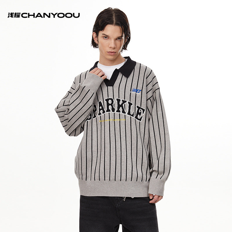 CHANYOOU Vintage Polo Neck Striped Knitted Sweater