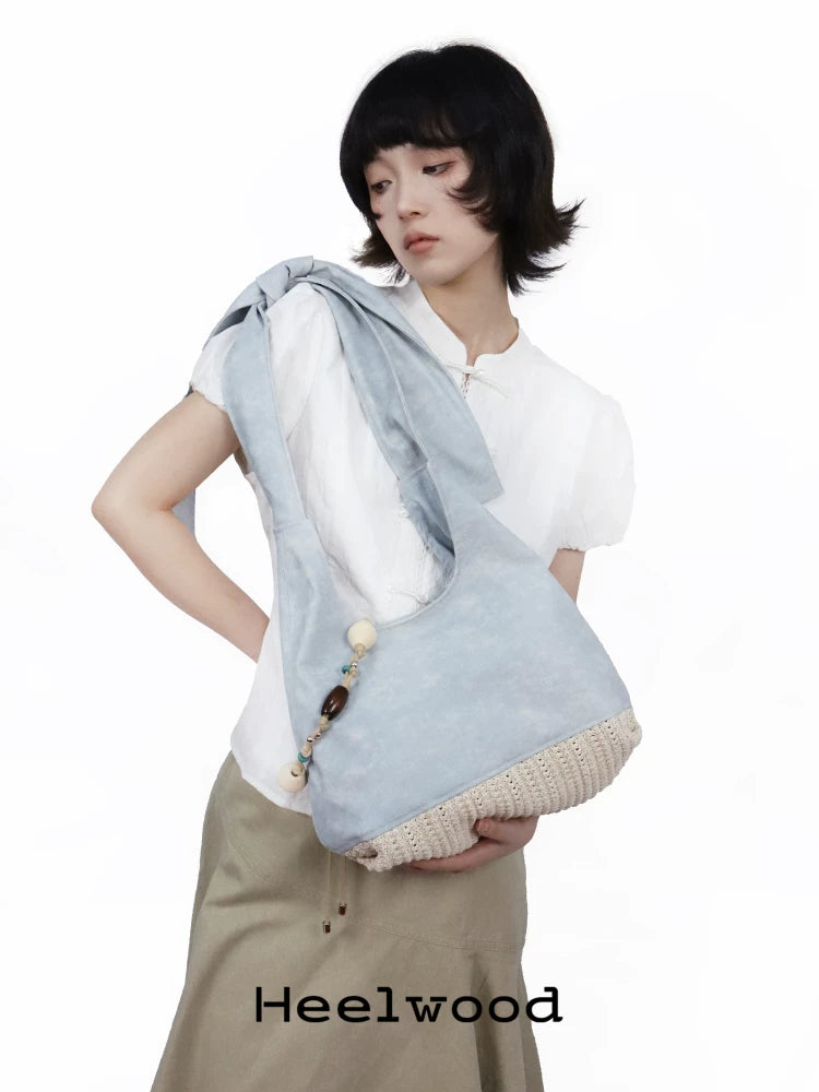 Heelwood Woven Spliced Denim Leather Shoulder Messenger Bag