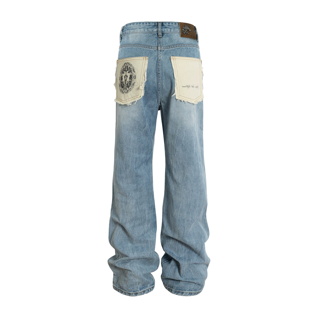 YADcrew Raw-edge Print Lightning Jeans