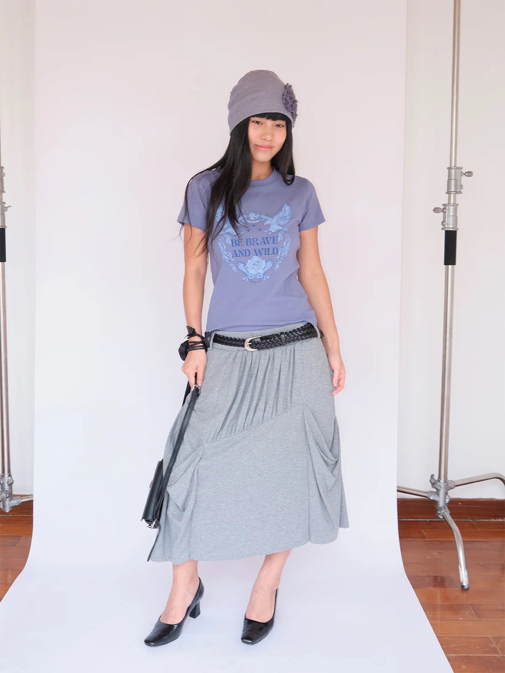 FUNKYFUN Retro Eagle Print High Elastic Front Shoulder Tee