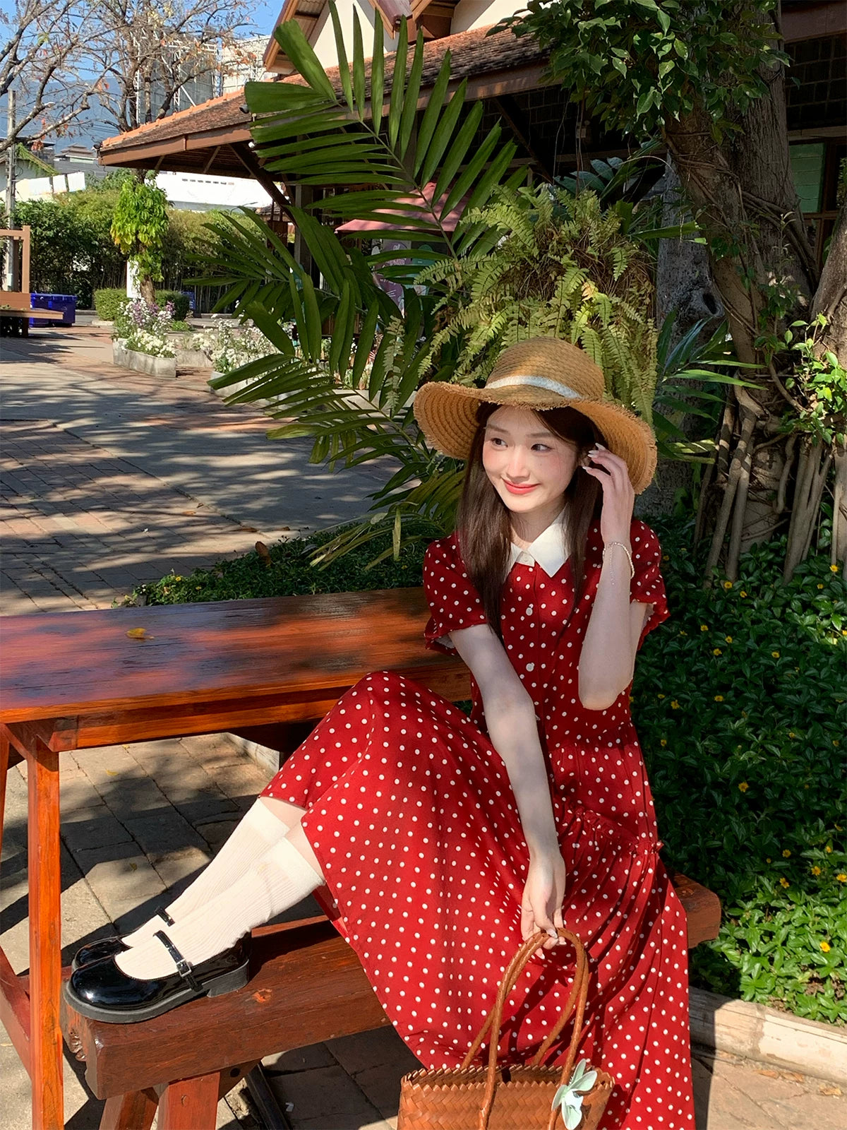 MUCHA Lapel Waist Thin Polka Dot Dress