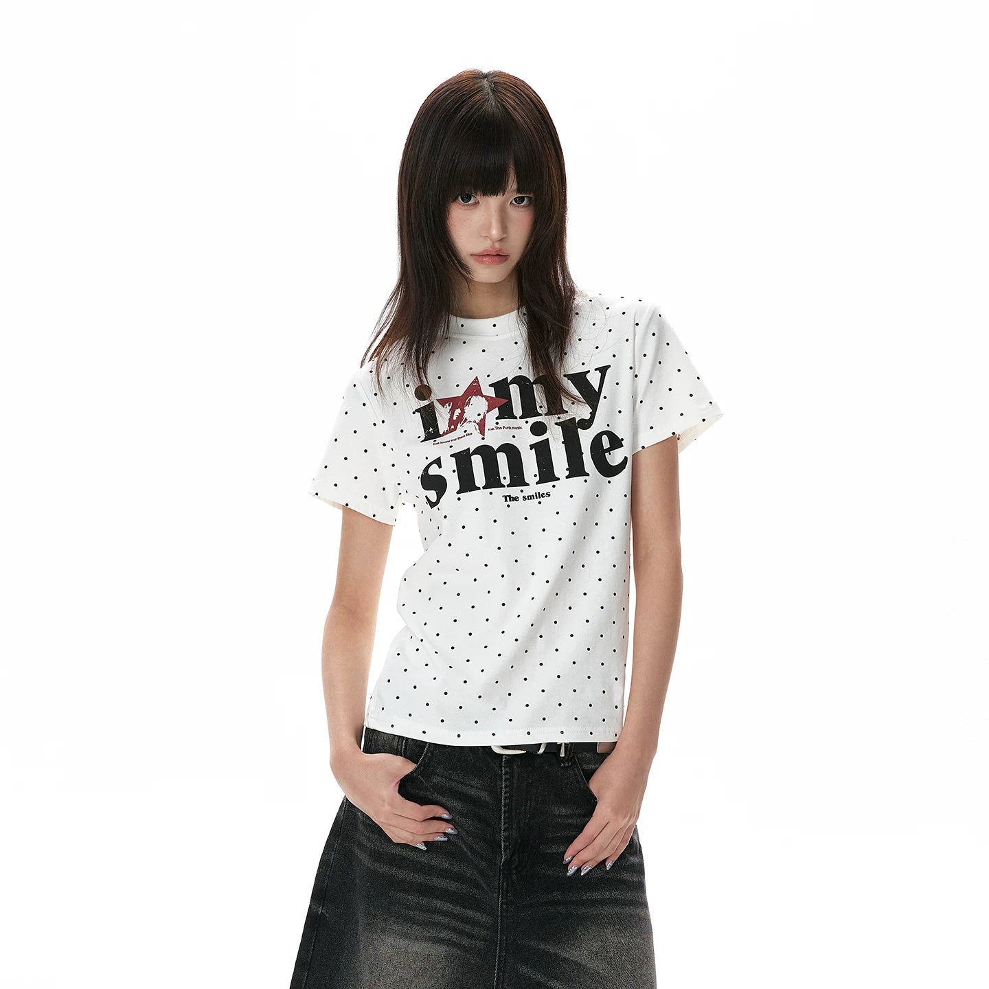 A PUEE Retro Polka Dot Round Neck Front Shoulder Slim Tee