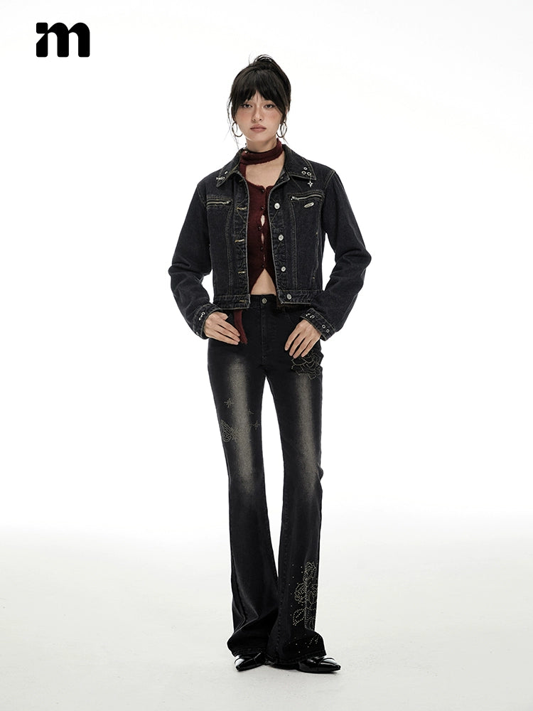 Imone Retro Old Rivets Flower High Waist Thin Slightly Pulled Jeans