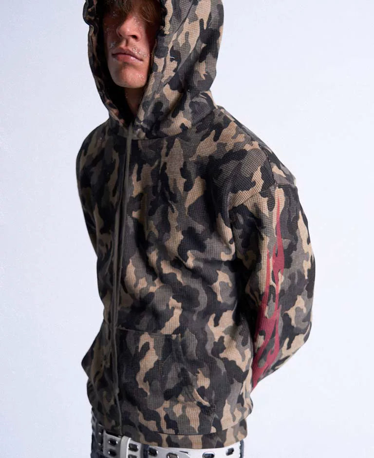noEmosen flame camouflage waffle hooded fit street sweater