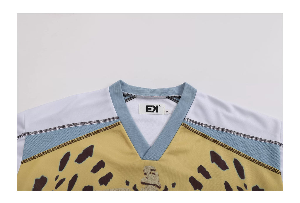 EK Leopard Print V Neck Casual Sports Tee