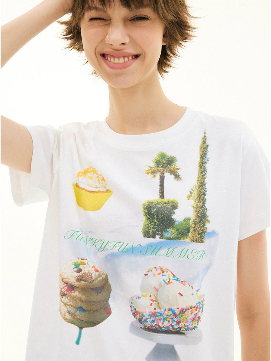 FUNKYFUN Direct Injection Printing Round Neck Front Shoulder Tee