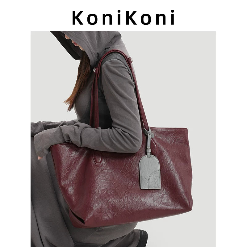 KoniKoni Leather Large Capacity Shoulder Bag