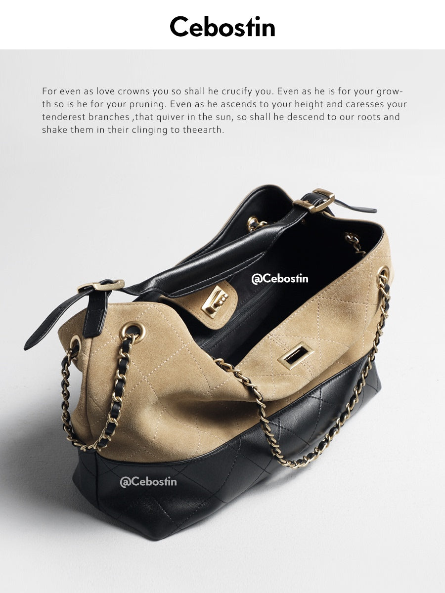 Cebostin Rhombus Splicing First Layer Cowhide Large Capacity Armpit Bag