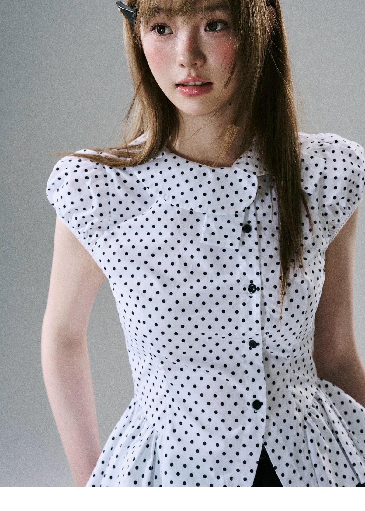 LOST FOREST Asymmetrical Lotus Leaf Polka Dot Shirt Tee