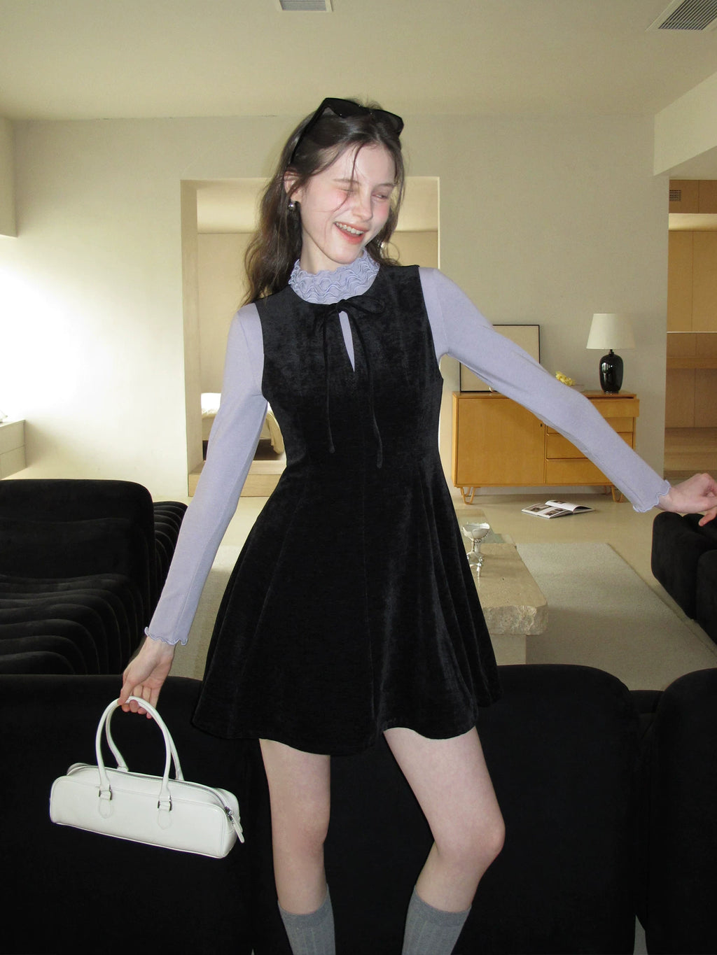 EGGKA Lace-up Bow Temperament Waist and Thin Dress