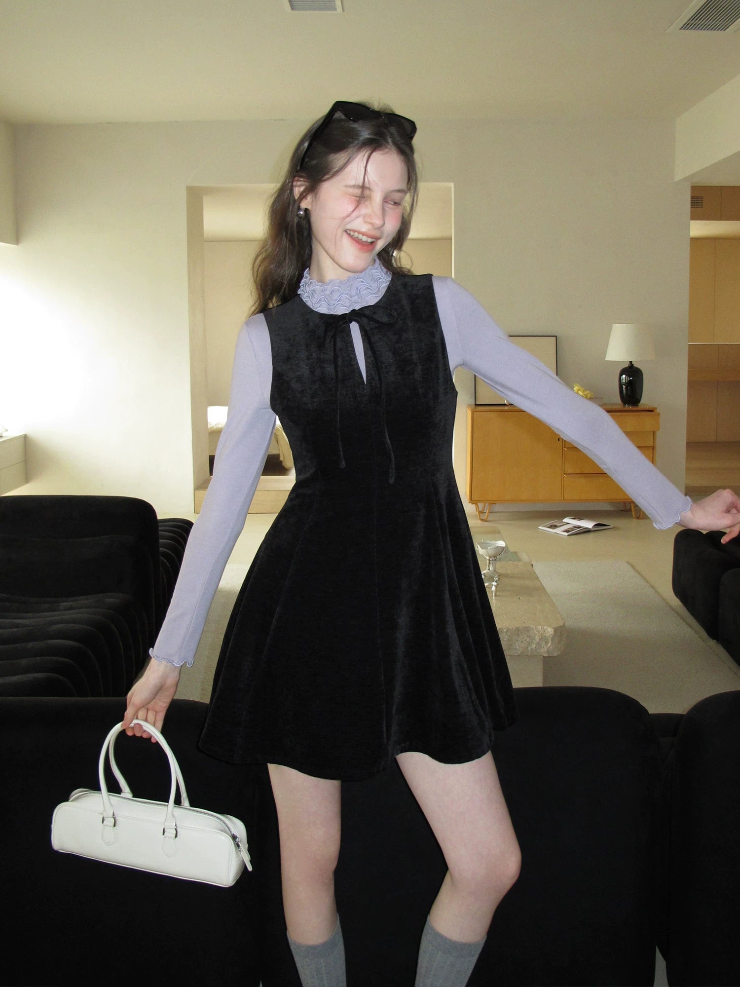 EGGKA Lace-up Bow Temperament Waist and Thin Dress