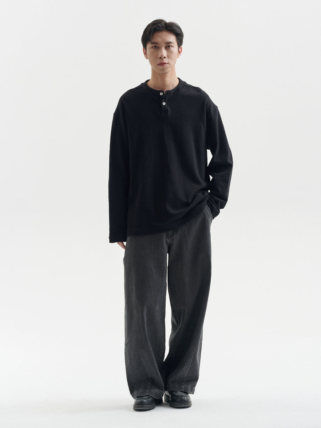 BUTTBILL Henry Collar Simple Casual Vintage Long Sleeve