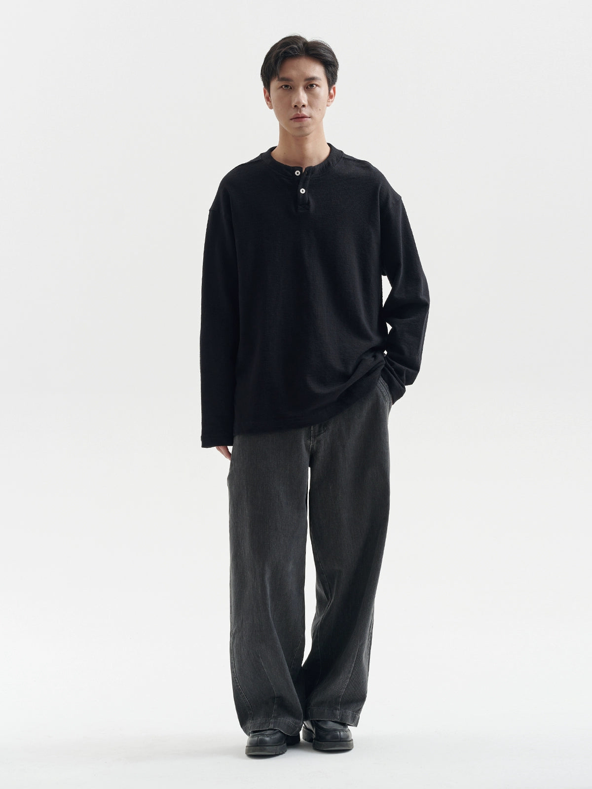 BUTTBILL Henry Collar Simple Casual Vintage Long Sleeve