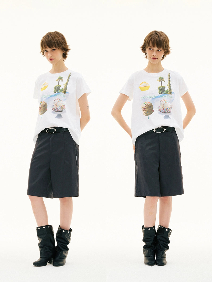 FUNKYFUN Direct Injection Printing Round Neck Front Shoulder Tee