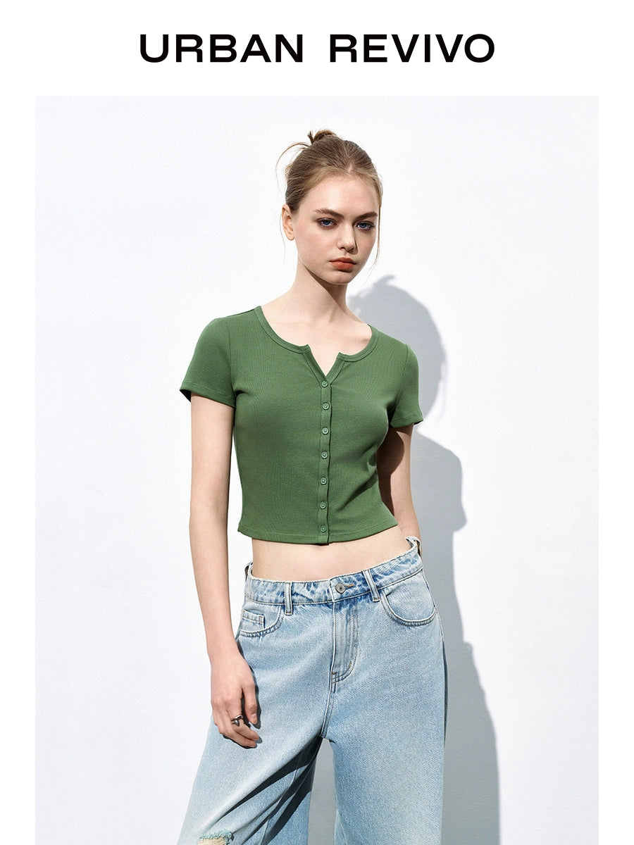 URBAN REVIVO Simple Versatile Button Slim Tee