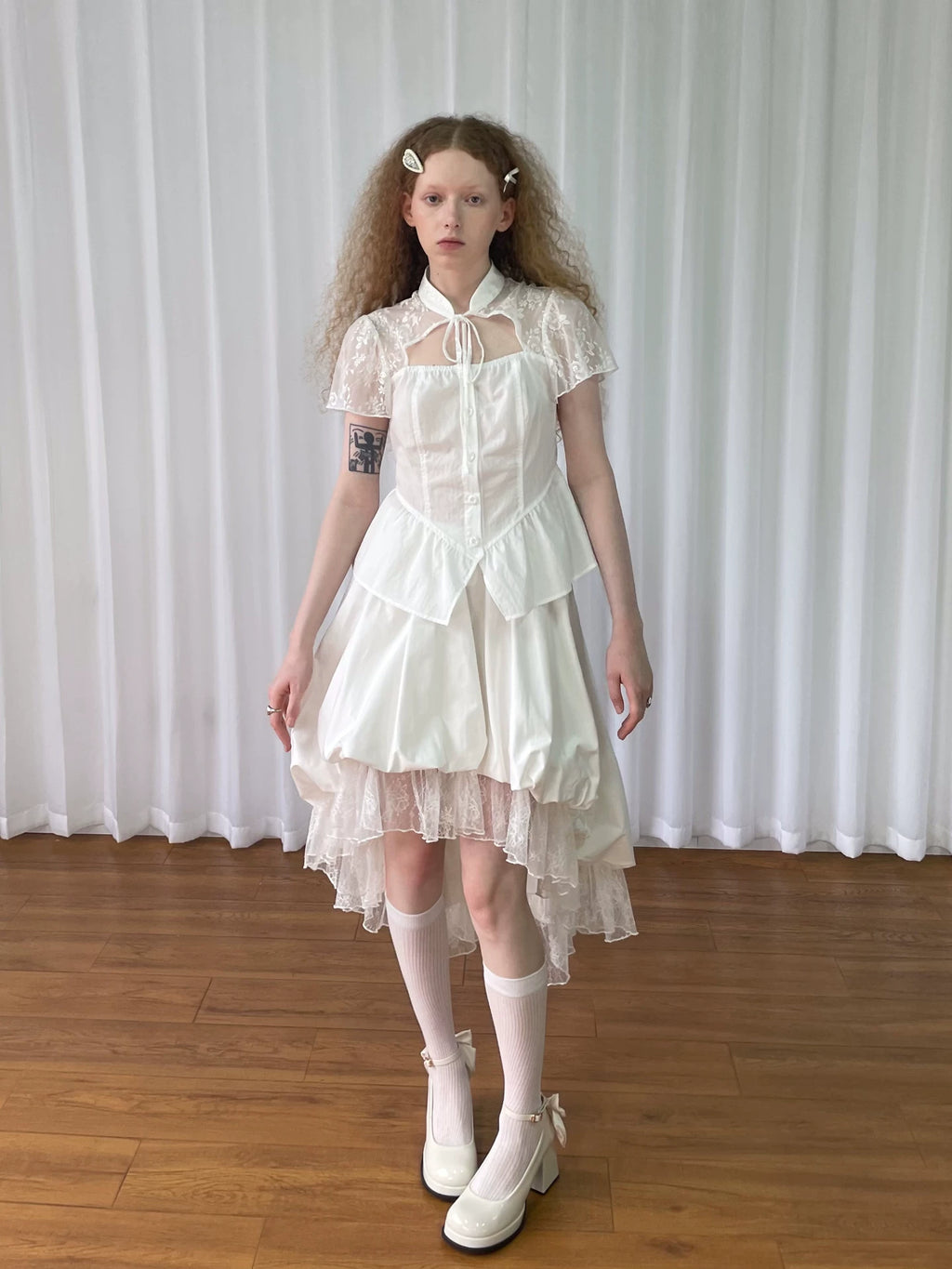 Loosesmell Jacquard Lace Stitched Short Sleeve Shirt