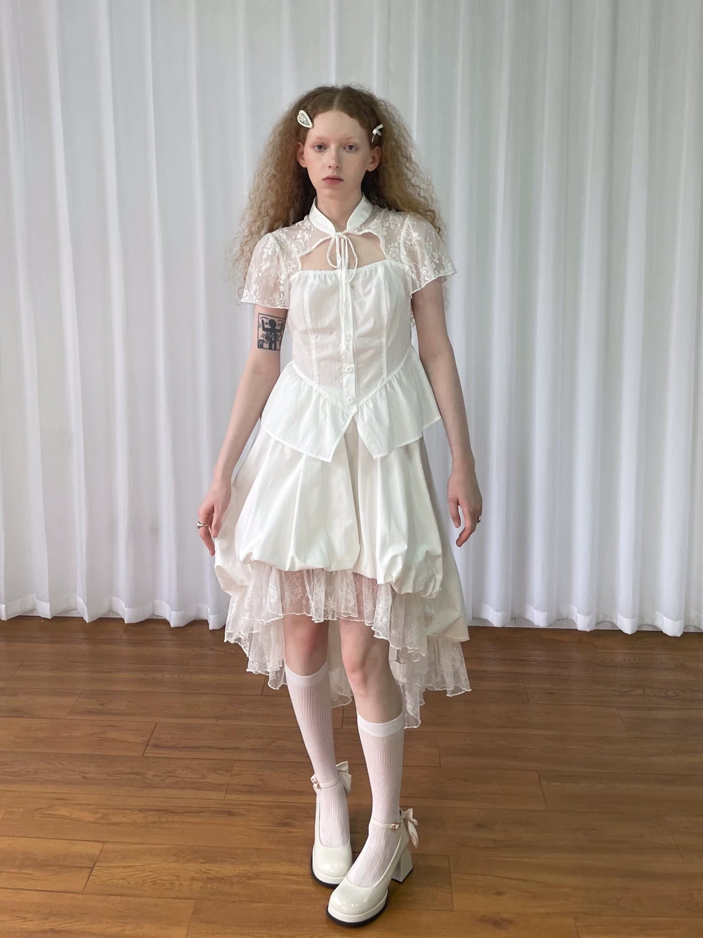 Loosesmell Jacquard Lace Stitched Short Sleeve Shirt