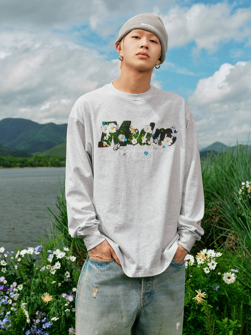 MEDM Garden Daisy Butterfly Print Casual Crew Neck Long Sleeve