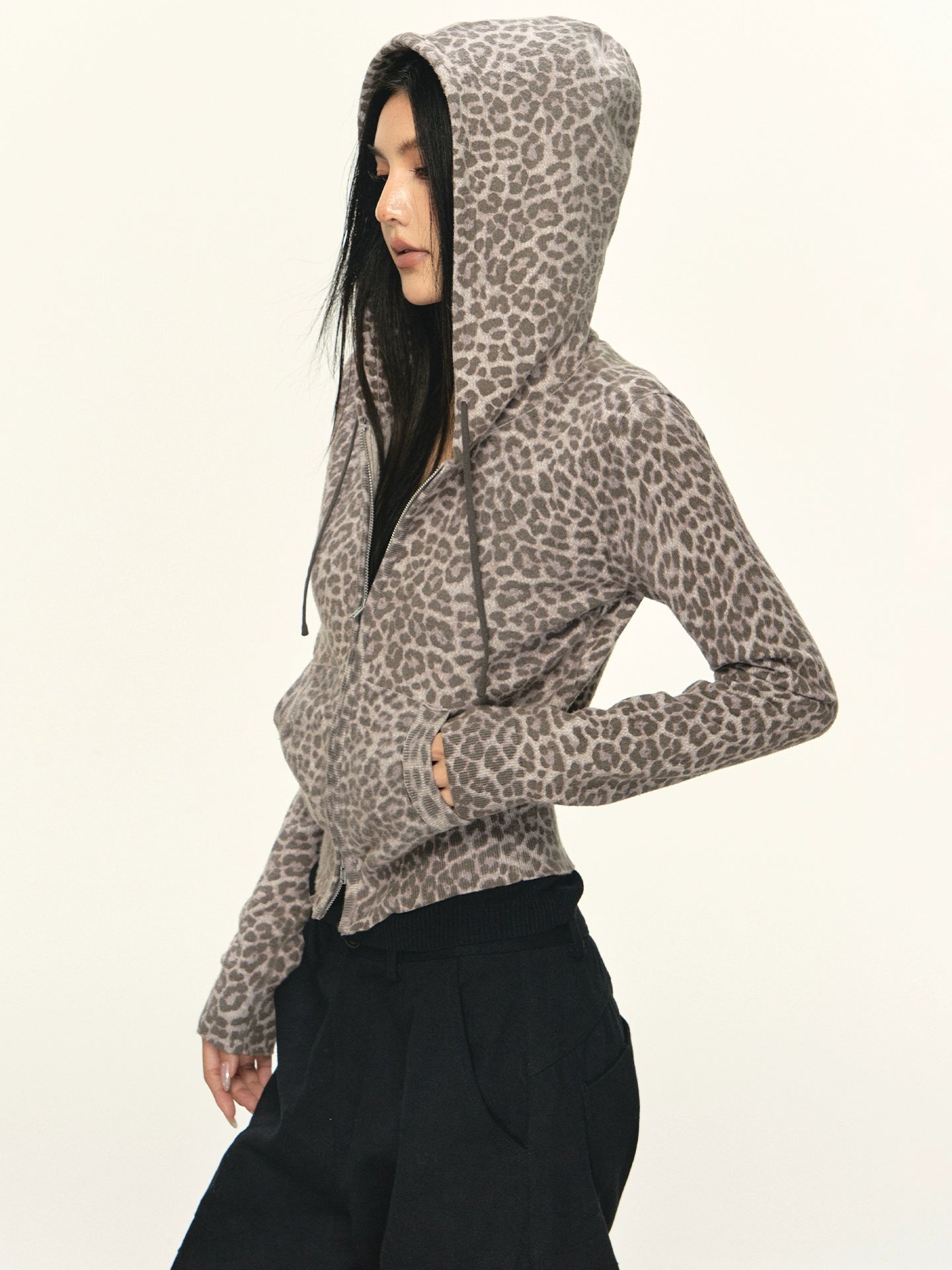 Anna Aneae Leopard Print Hooded Short Casual Slim Jacket