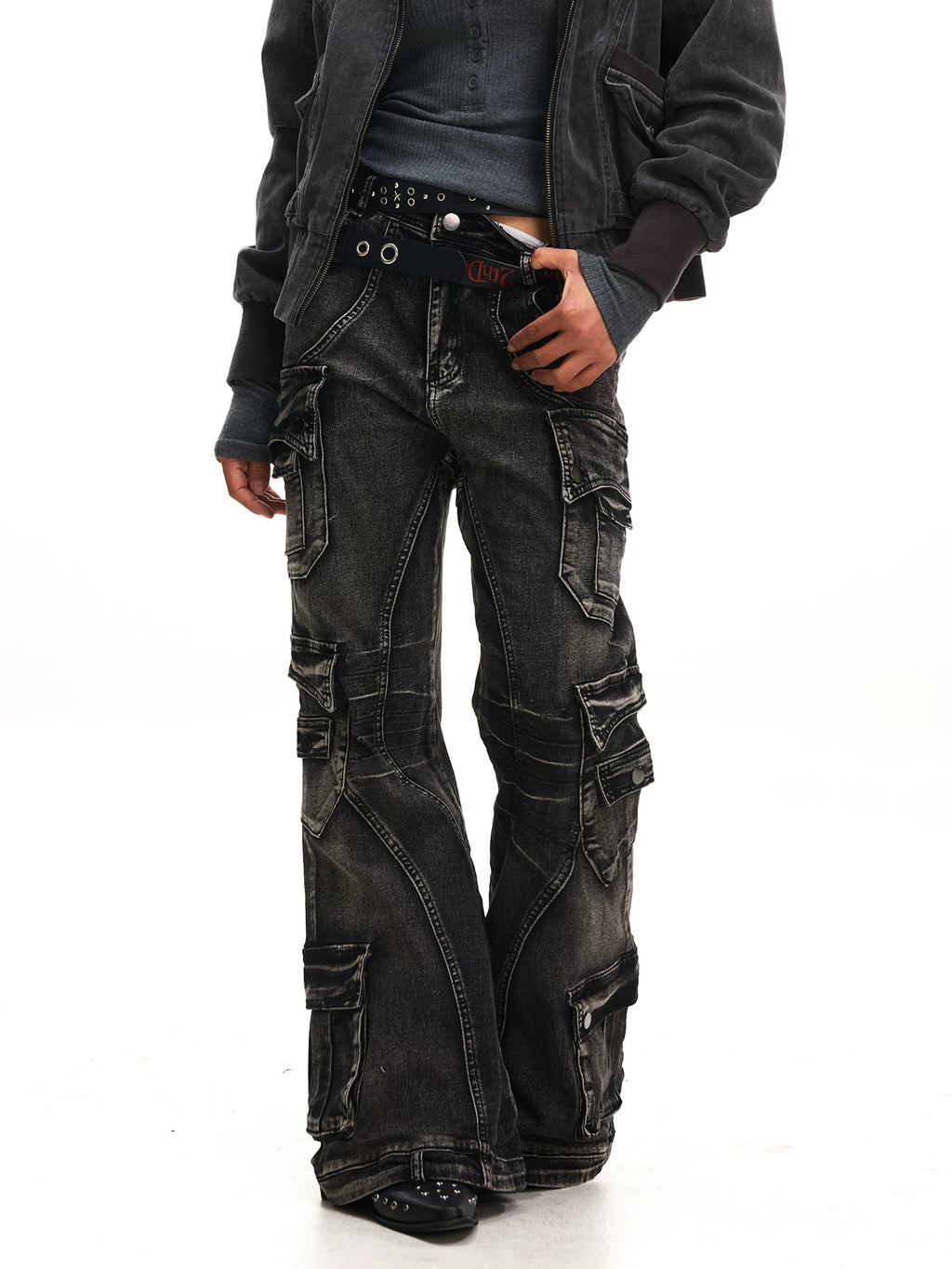 JHYWZD X BLACKLIST Retro Splicing Multi-pocket Micro-elastic Denim Flared Pants