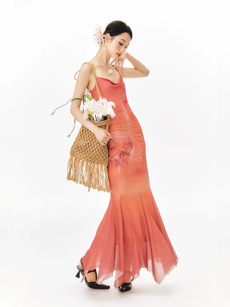 YEDM Gradient Hand-painted Printed Slip Mermaid Skirt