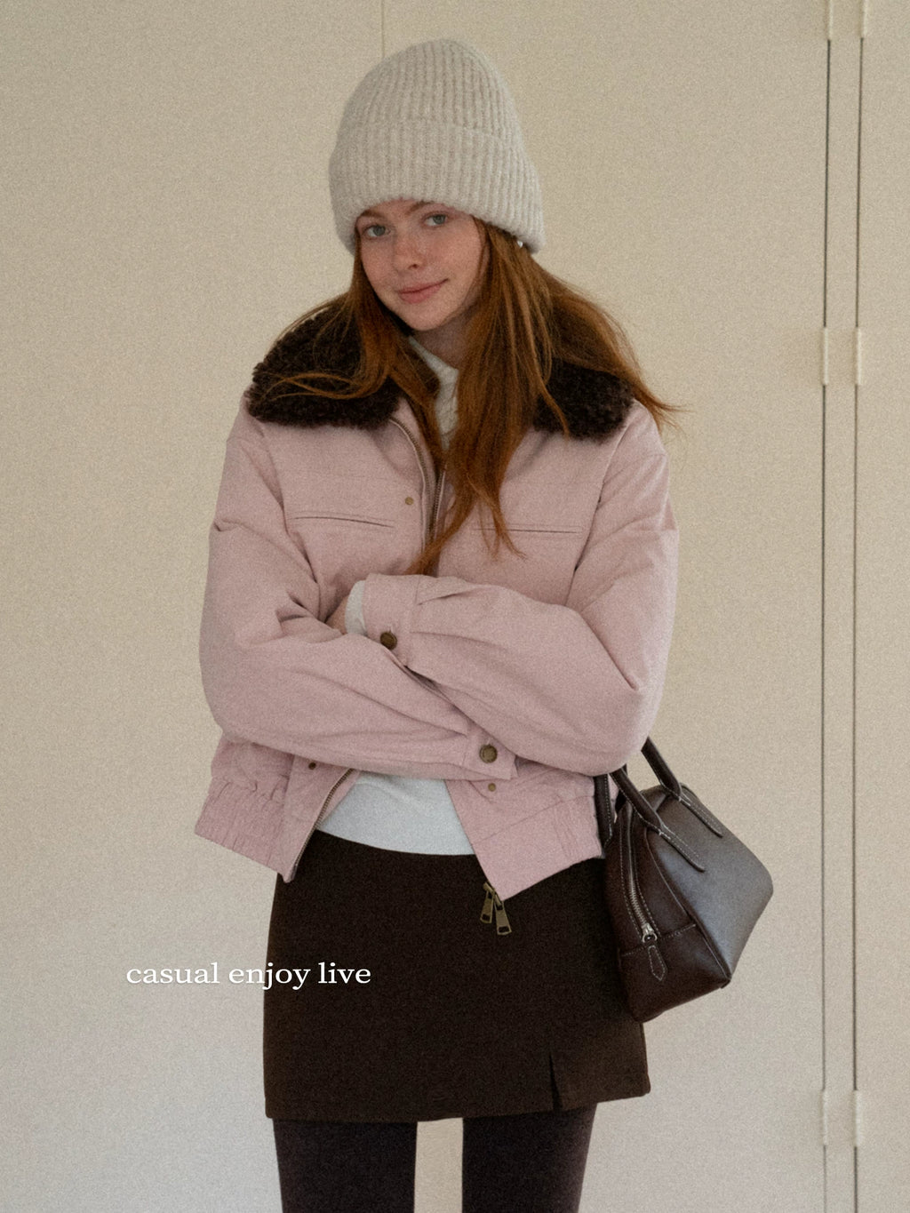 EGGKA Detachable Fur Collar Cargo Jacket Cotton Short Coat