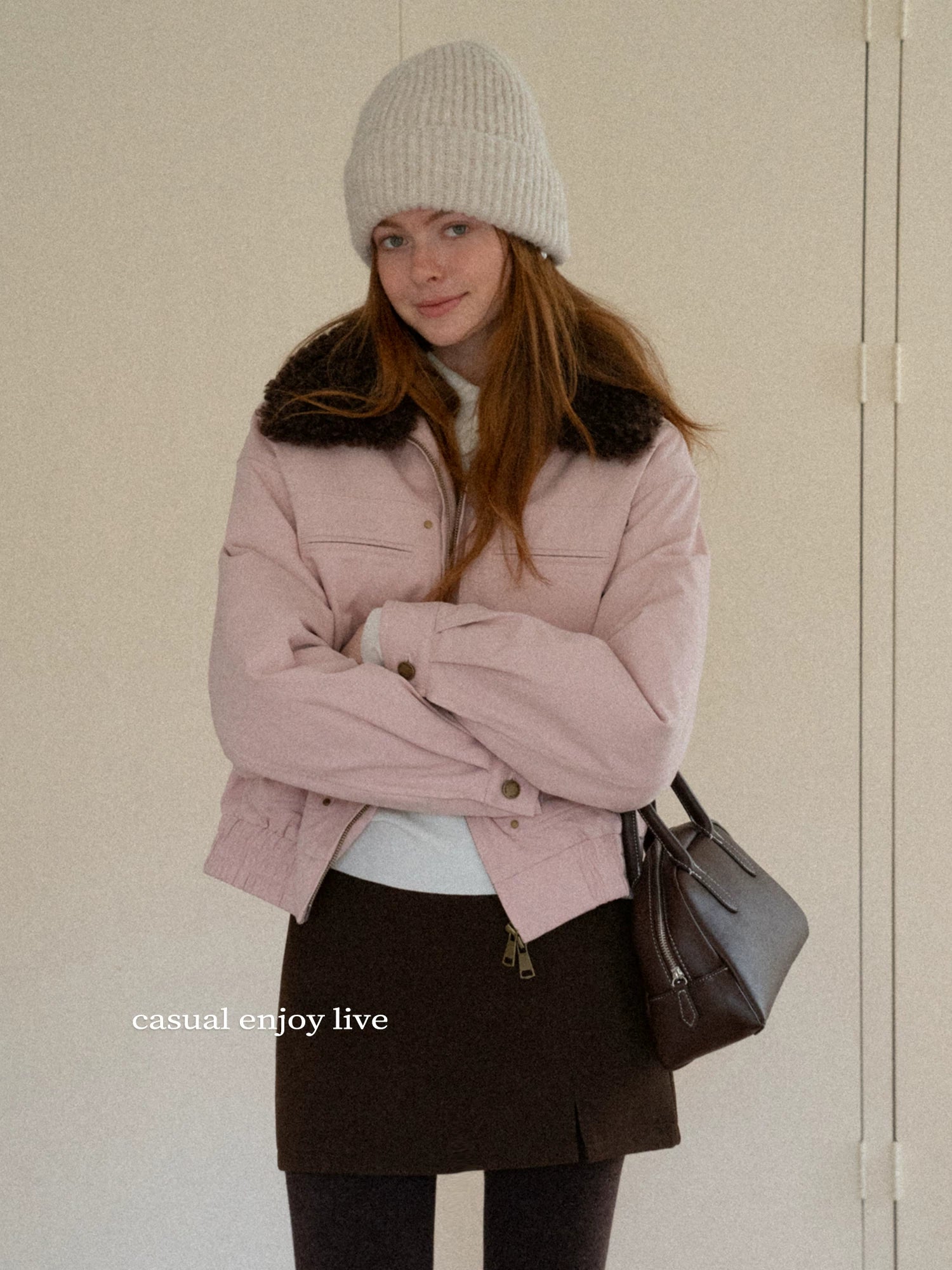 EGGKA Detachable Fur Collar Cargo Jacket Cotton Short Coat