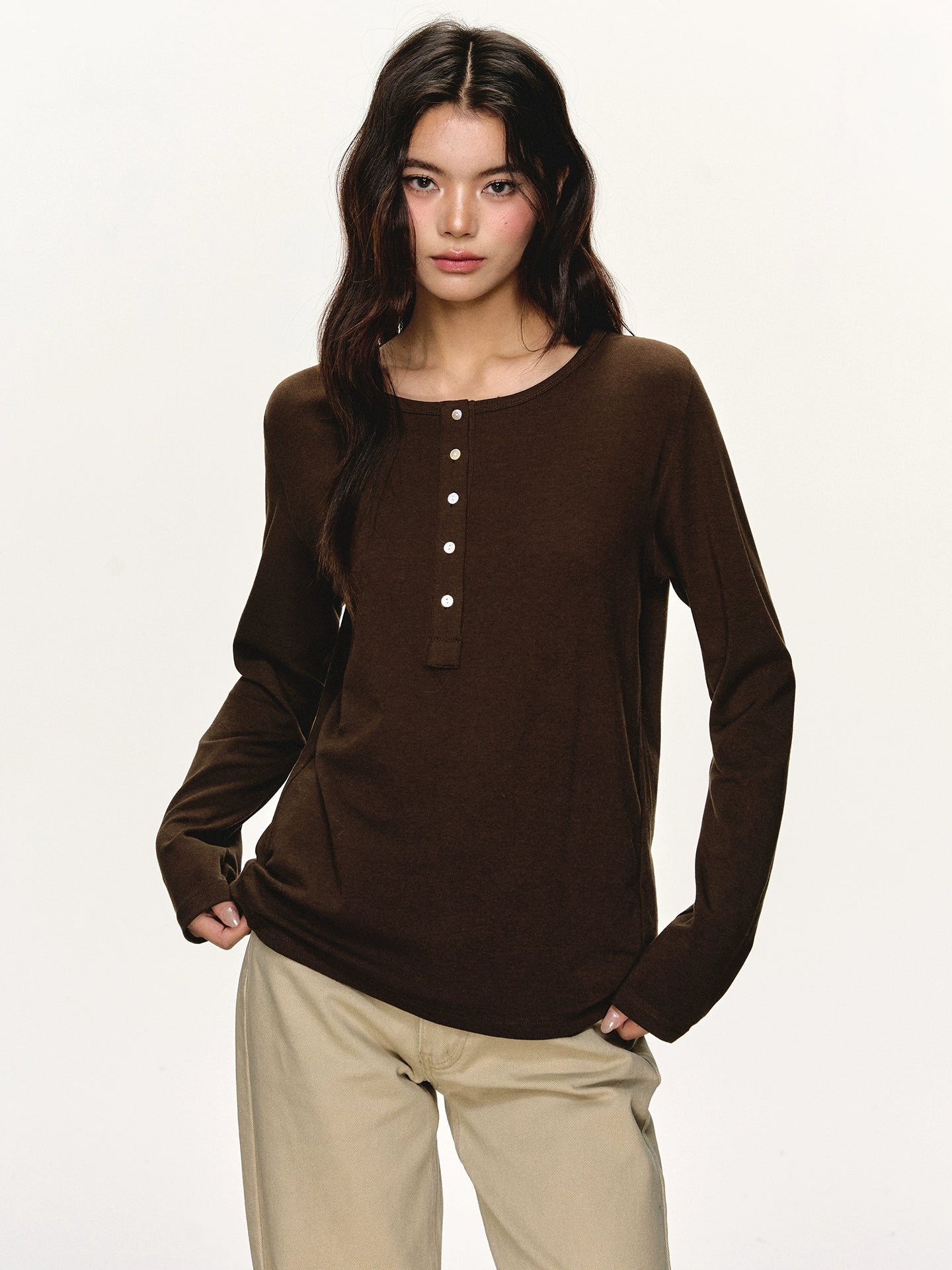 Anna Aneae Henry Collar Bottom Casual Long Sleeve