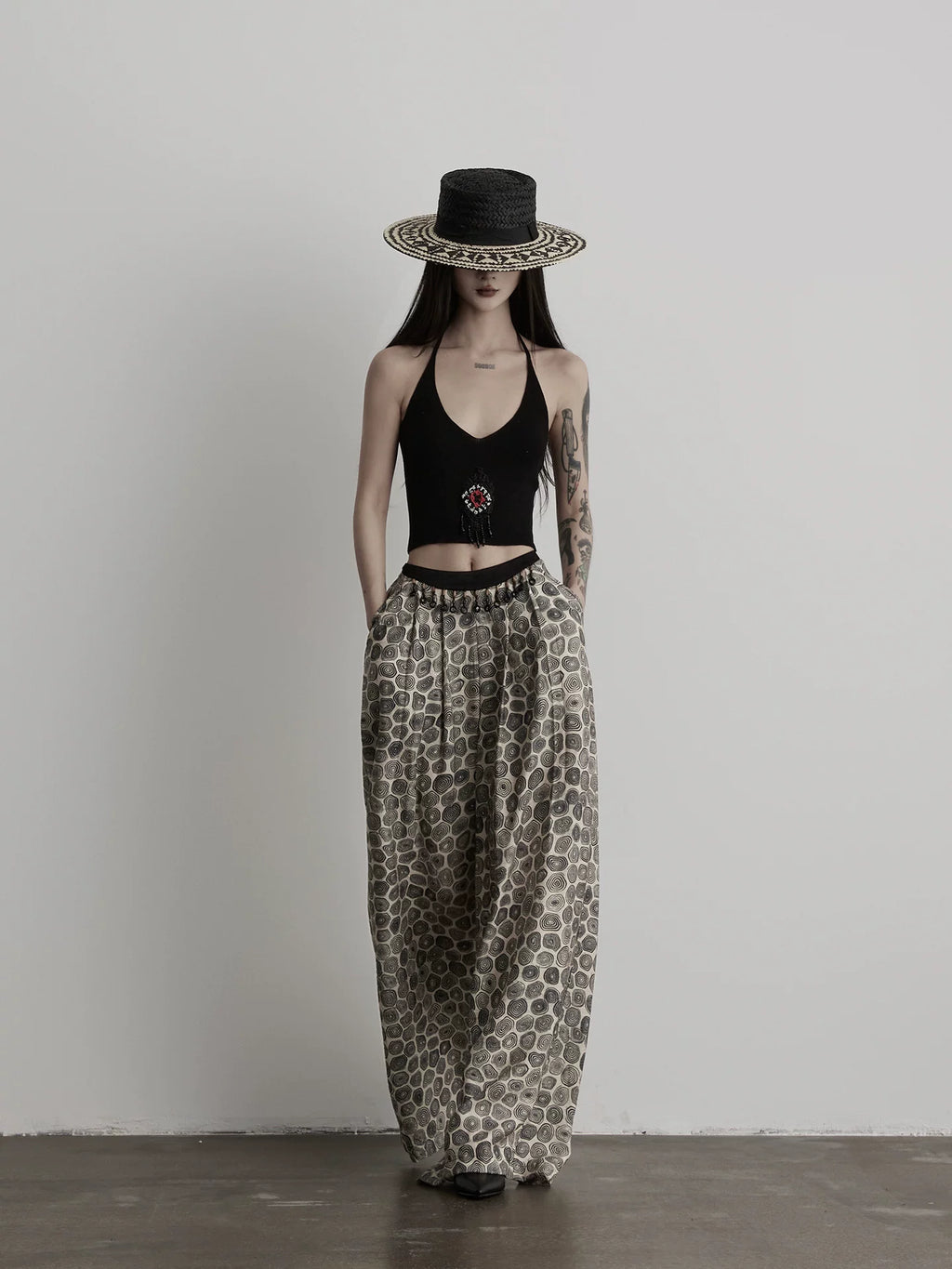 INDULGE Beaded Full Print Straight Wide-leg Thin Trousers