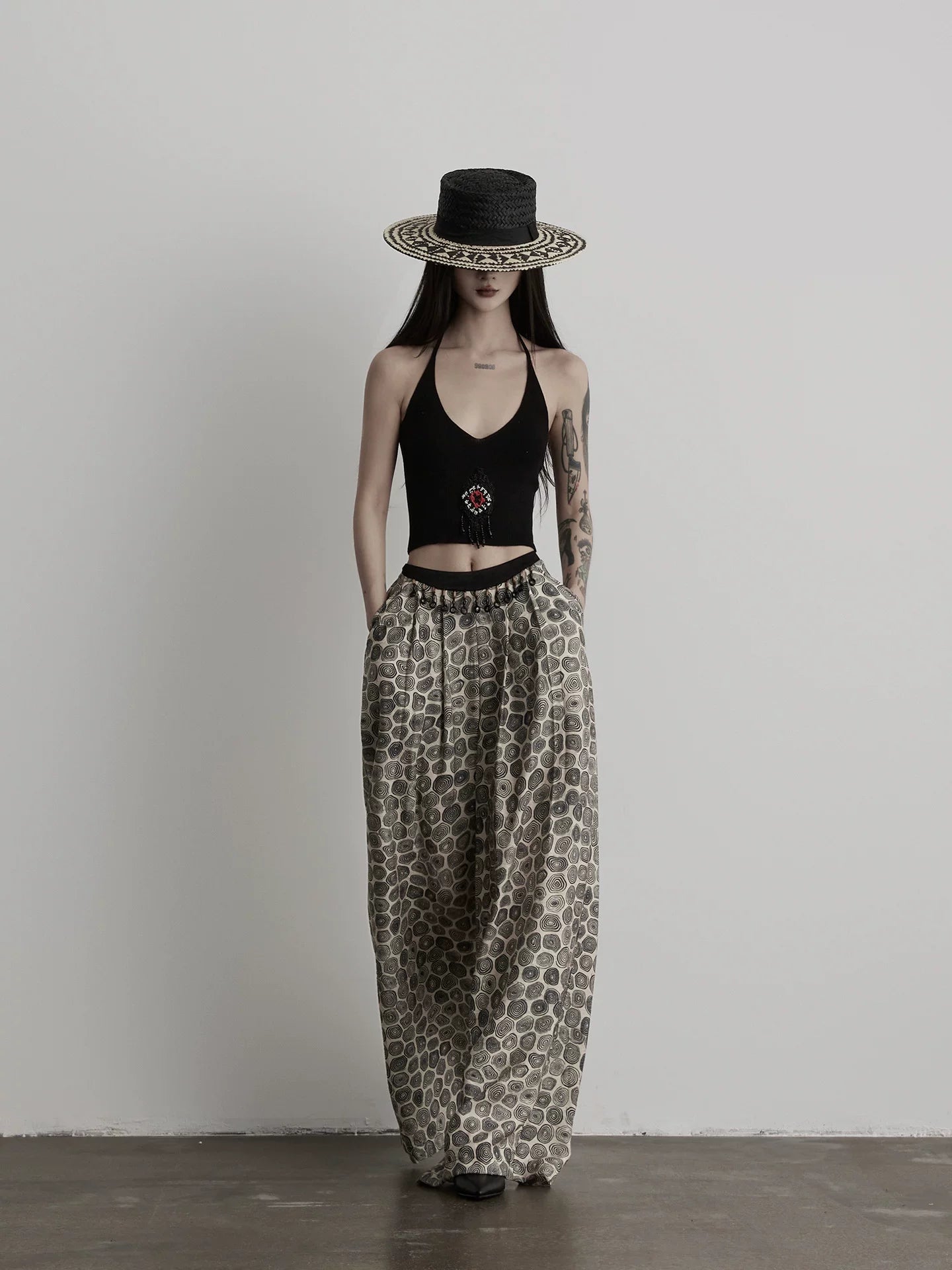 INDULGE Beaded Full Print Straight Wide-leg Thin Trousers