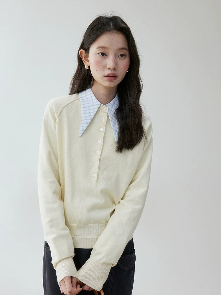 VOOE Half-open Button Round Neck Loose Knitted Long Sleeves