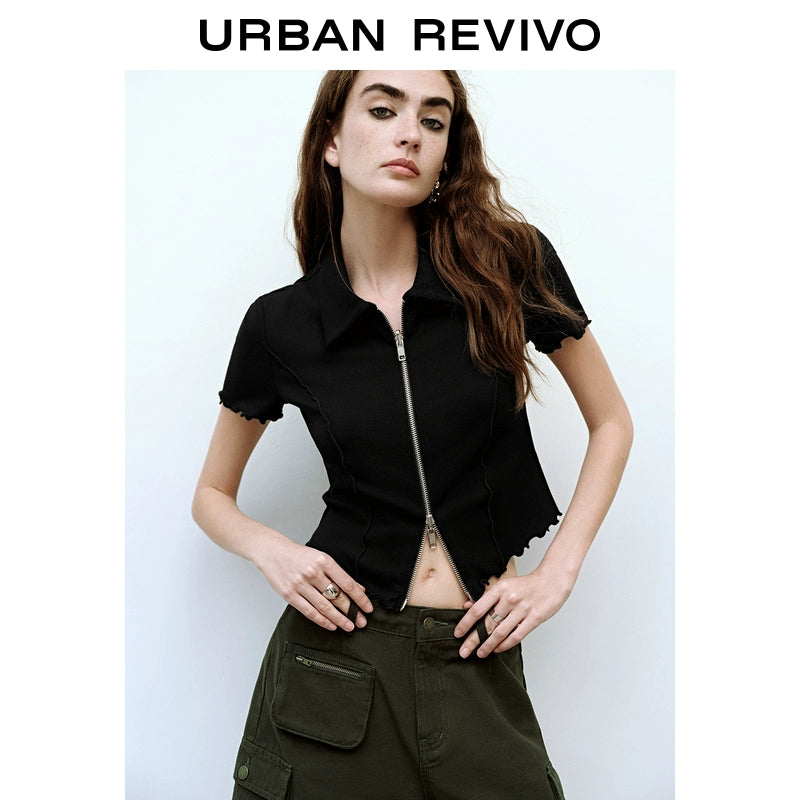 URBAN REVIVO Fungus-edged Double-zip Open Shirt