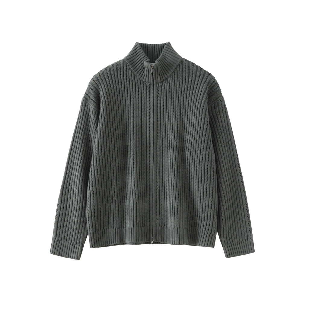 BUTTBILL 24AW hollow stand-up neck cardigan zipper sweater jacket