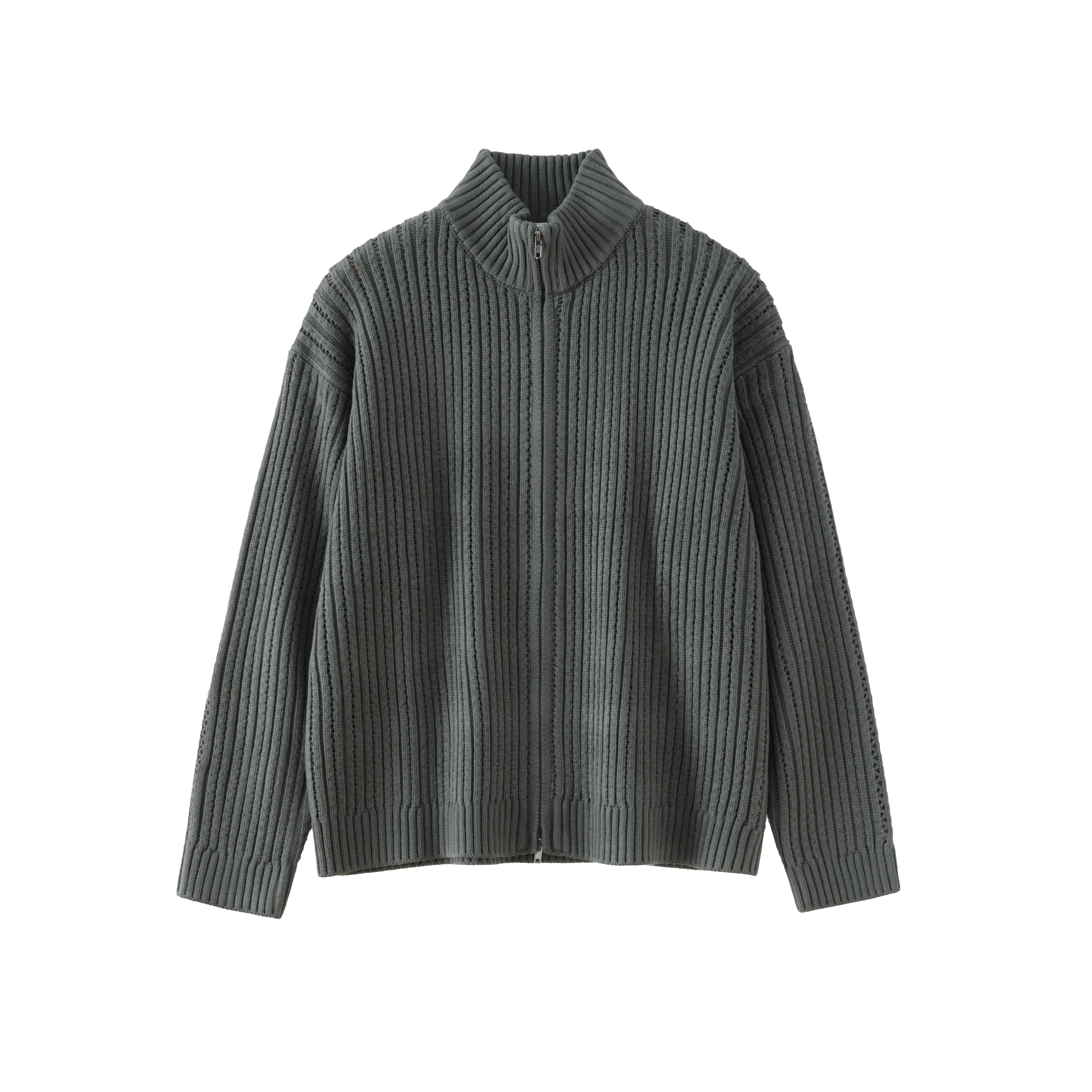 BUTTBILL 24AW hollow stand-up neck cardigan zipper sweater jacket