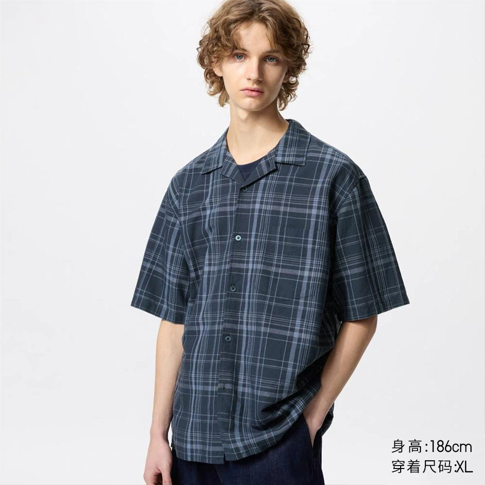 Uniqlo Men's Women's Cotton and Linen Plaid Shirt/Short Sleeve Shirt Cardigan Casual 25 Spring and Summer New 477903