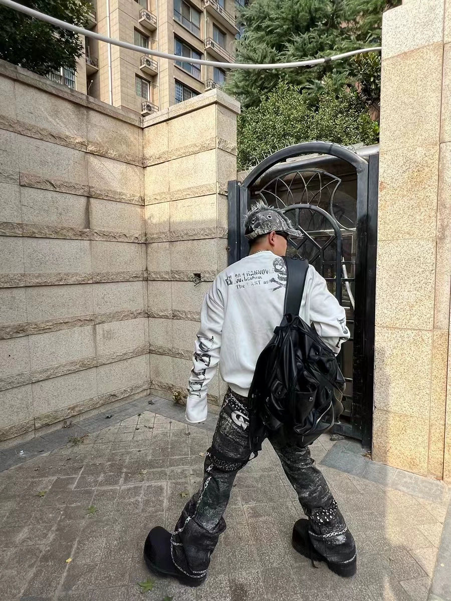 DETW 24AW spray dirty splicing breasted short wide boxy 350g round neck long sleeve pure cotton sweater