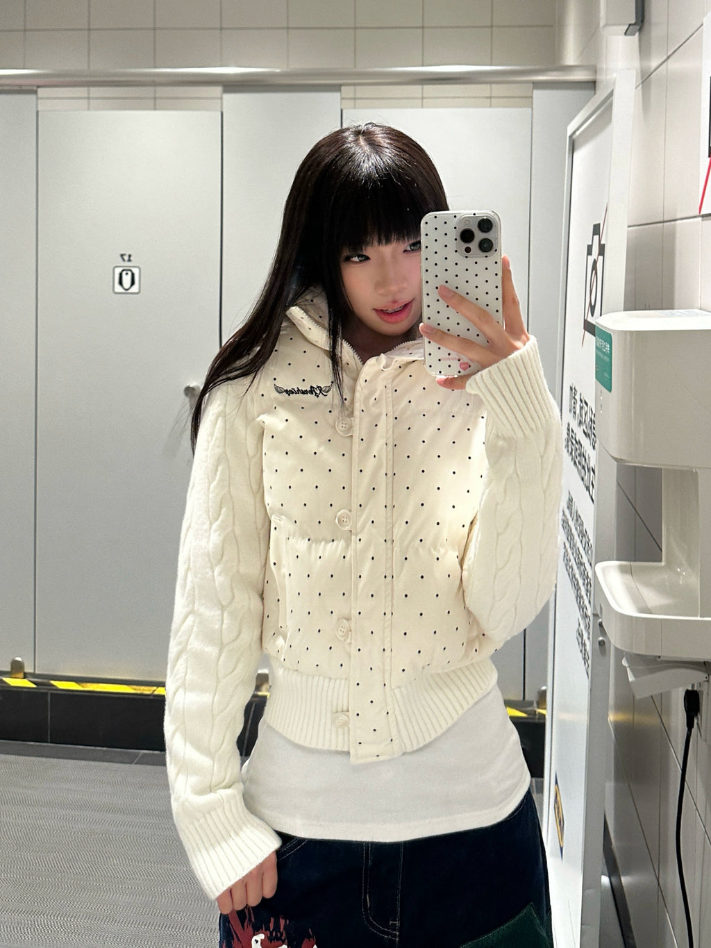 Mershier Vintage Polka Dot Splicing Knitted Stand-Up Collar Cotton Clothing