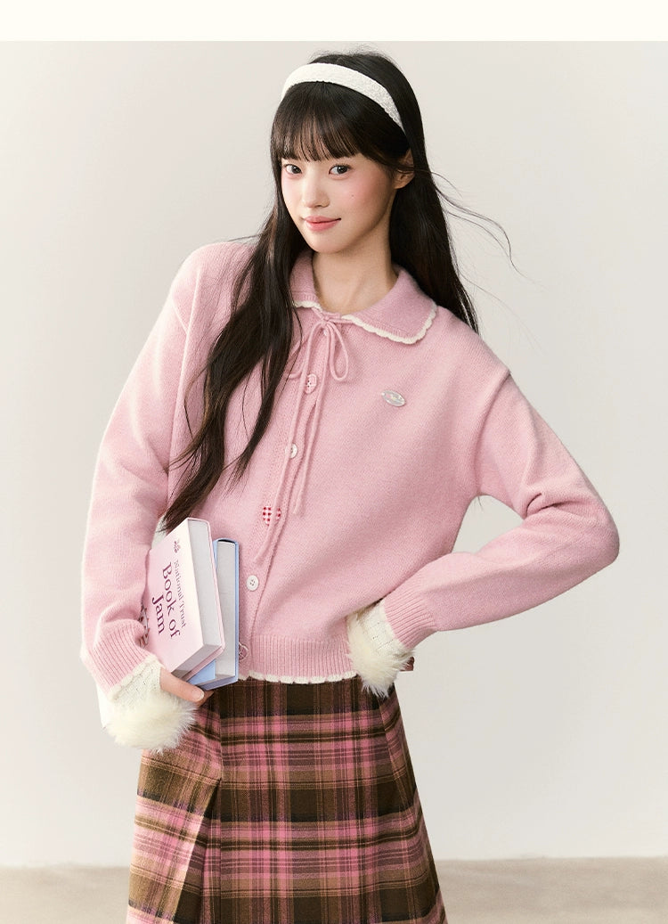 Umoumo Casual Contrasting Splicing Small Lace Lapel Sweater Cardigan