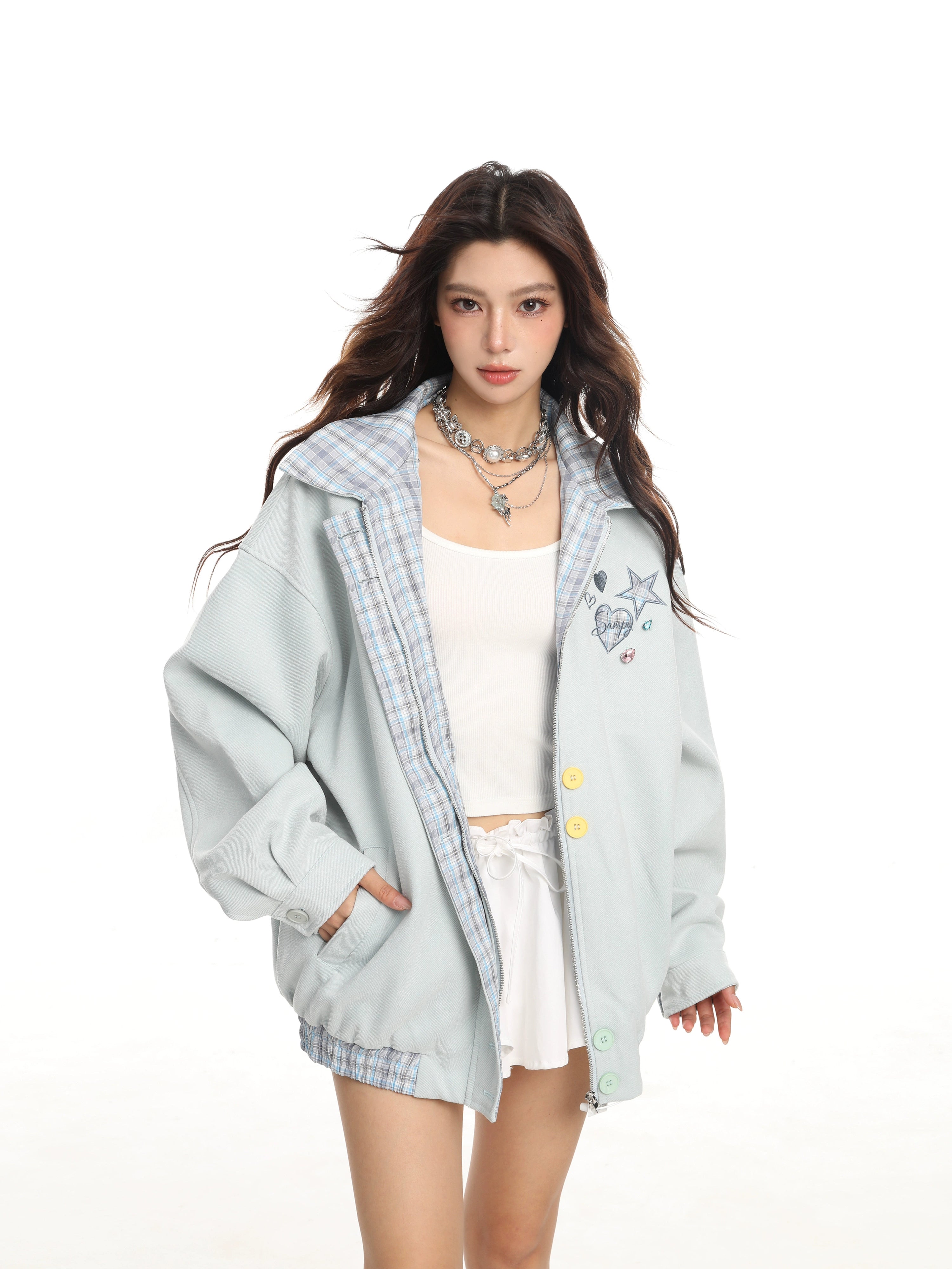 KDASE Plaid Lapel Embroidered Baseball Jersey