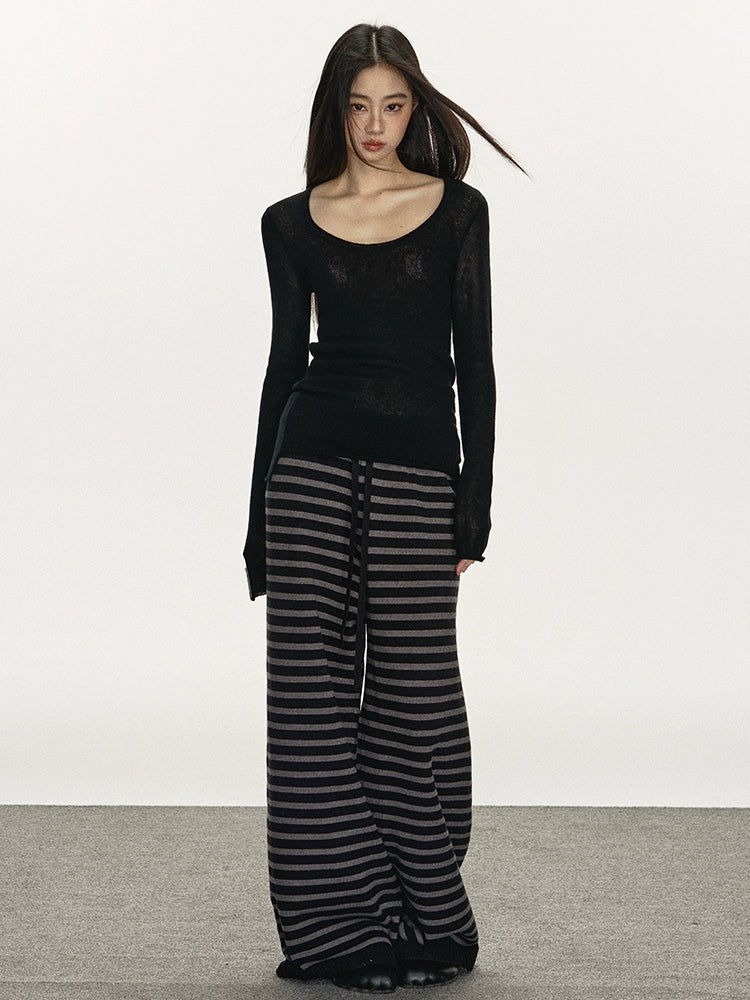Anna Aneae Striped Versatile Loose Wide Leg Drawstring Knitwear