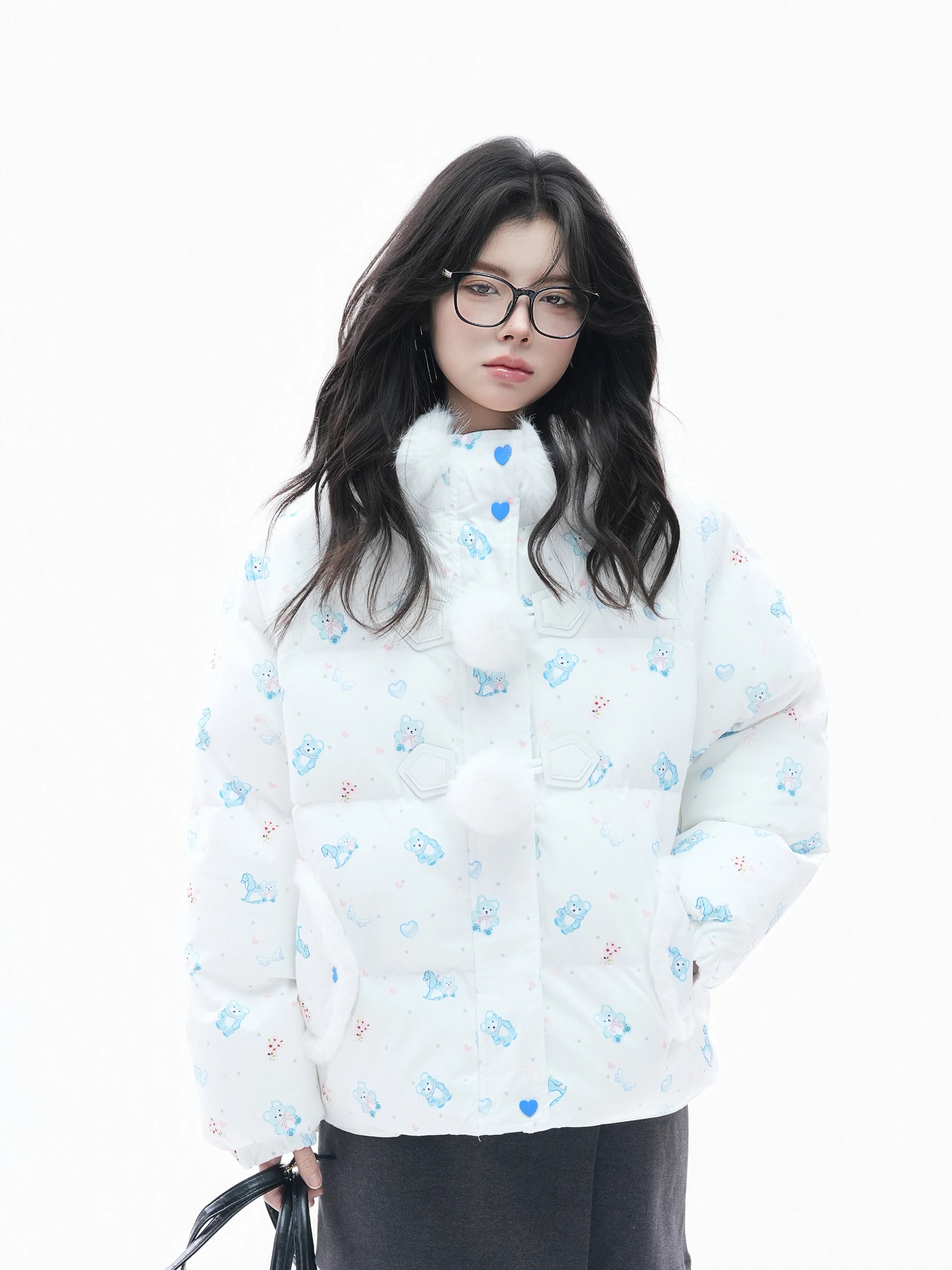 Zuocisankon Cartoon Bear Print Hooded Cotton-padded Coat