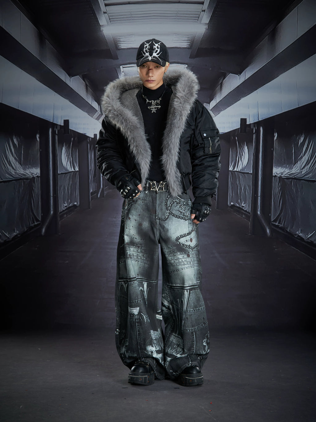 NOMANIAI Removable Fur Collar Nailed Hooded Embroidered Fleece Cotton Jacket