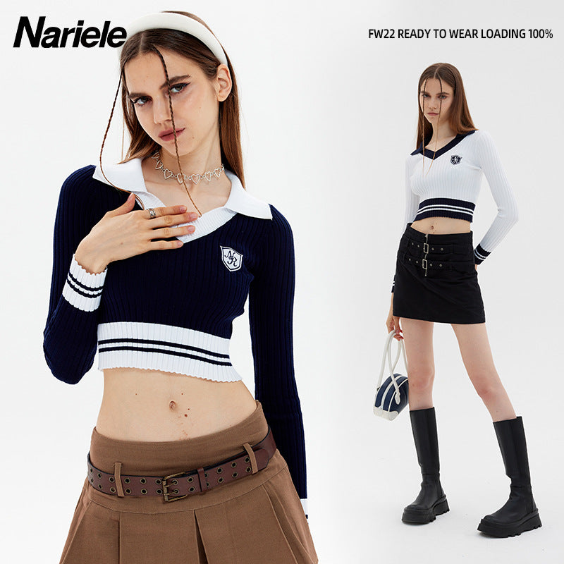 Nariele College Knitted Lapel Contrast Top