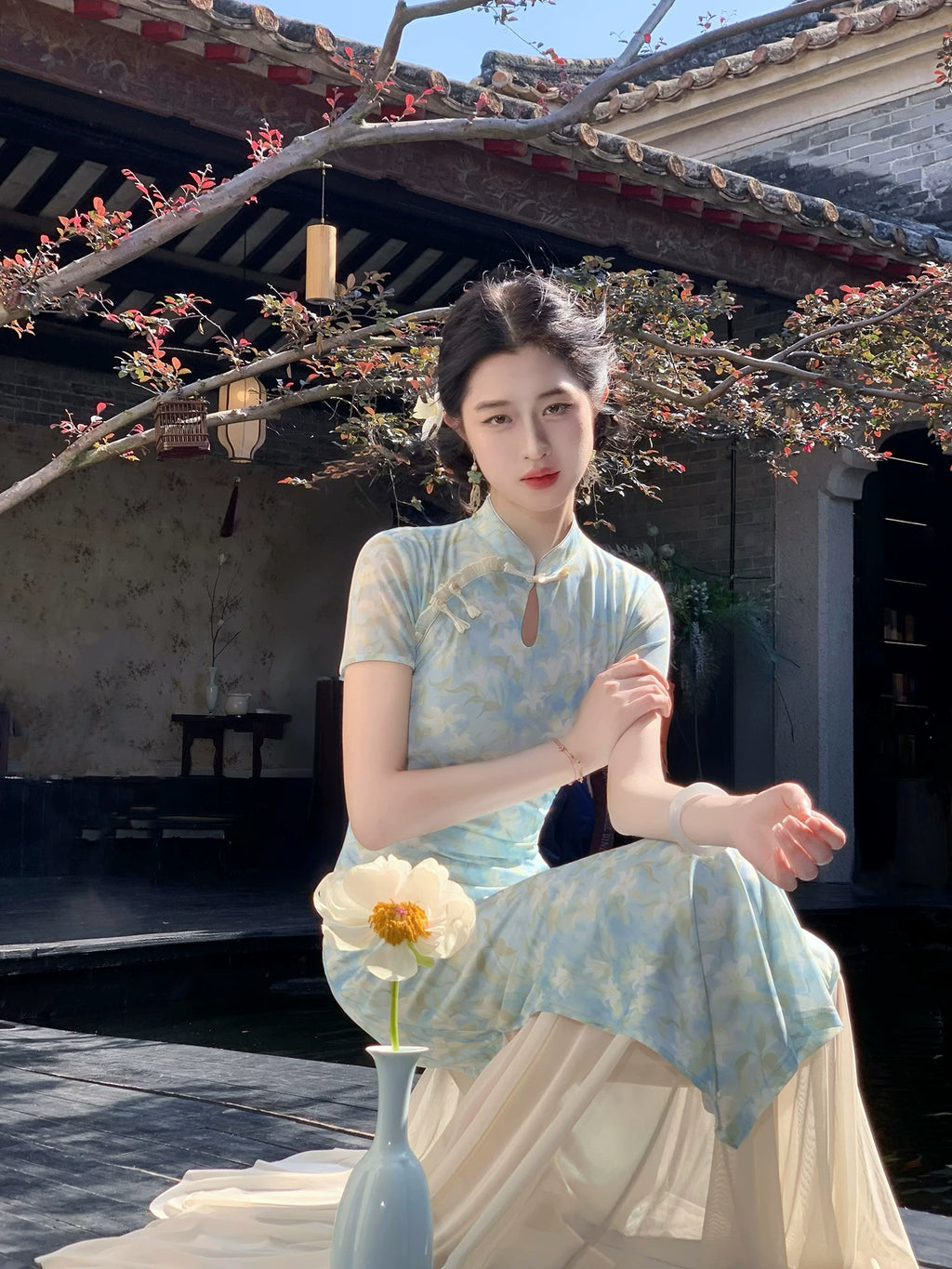 ZIHE Floral Mesh Stretch Cheongsam Slim Dress